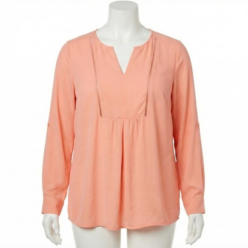 Lane Bryant Peach Split Neck Pleated Ladder Stitch Roll Tab Sleeve Blouse 22/24‎